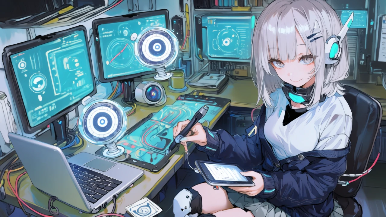 ヒロイックな冒頭シーン：銀白髪のサイバーメカ風の少女がホログラムの業務フローを「タスク」と「アクティビティ」の二つのメーターに分岐させ、計測ツールで素早く安全な見積もりを行っている