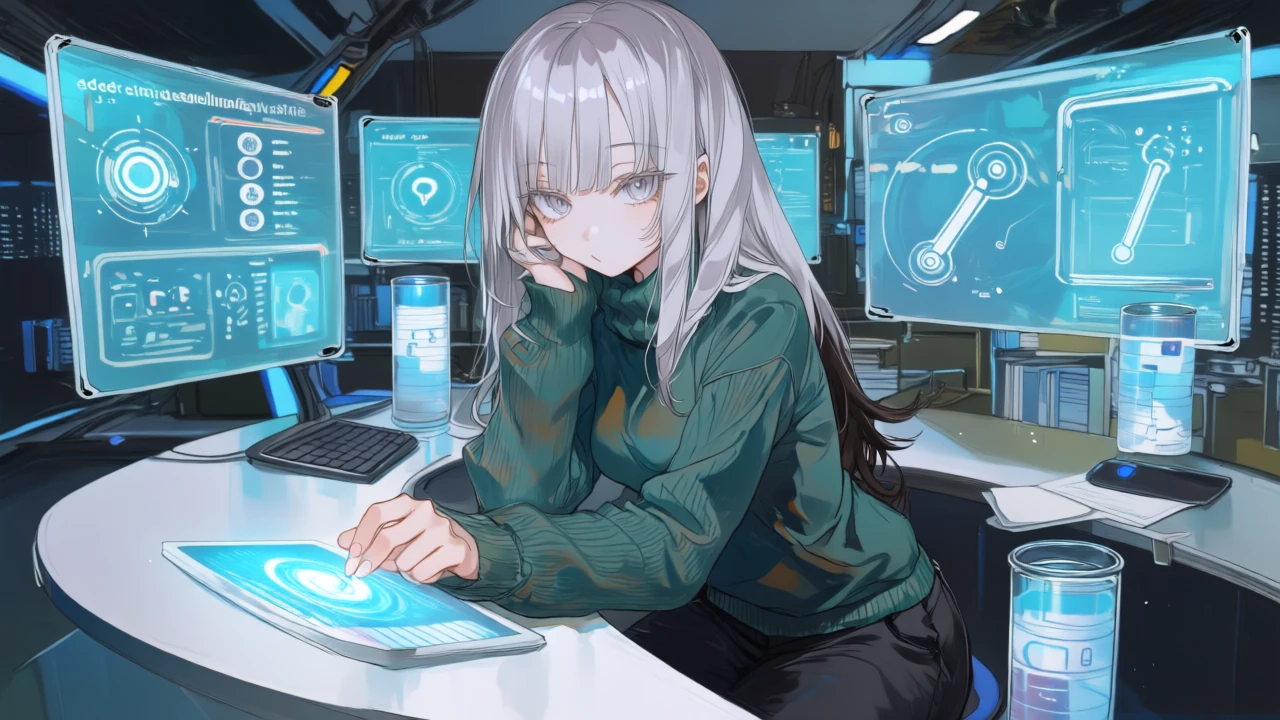 銀白髪のサイバー系アニメ女性が、トークン/クレジットのメーターとAIコーディングの作業フローを見比べ、従量制コストと効果の最適点を探っている場面。