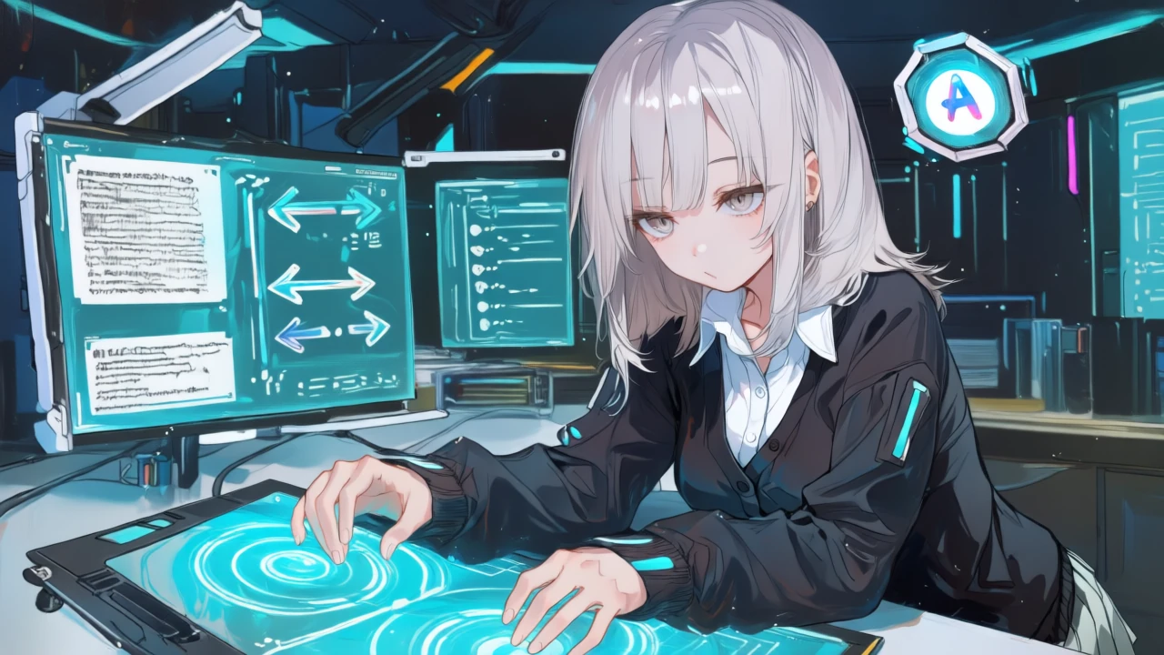 銀白のサイバーメカ少女が日本語文をリライト・要約・翻訳のフローに流し込み、結果を整理している場面