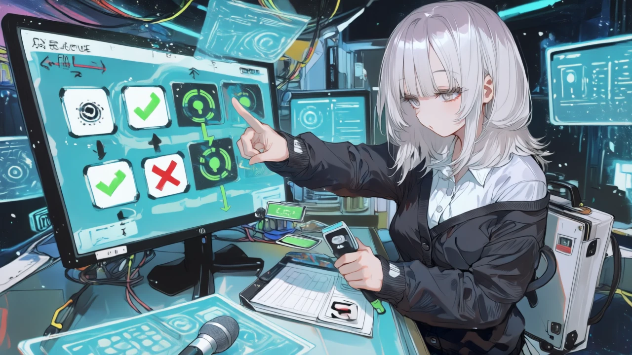 銀白の髪のサイバーメカ風アニメ女性が、素材ラベルと音源の適用範囲を仕分けしながら商用安全運用のフローチャートを組み立てている。黒・白・銀・シアン基調。