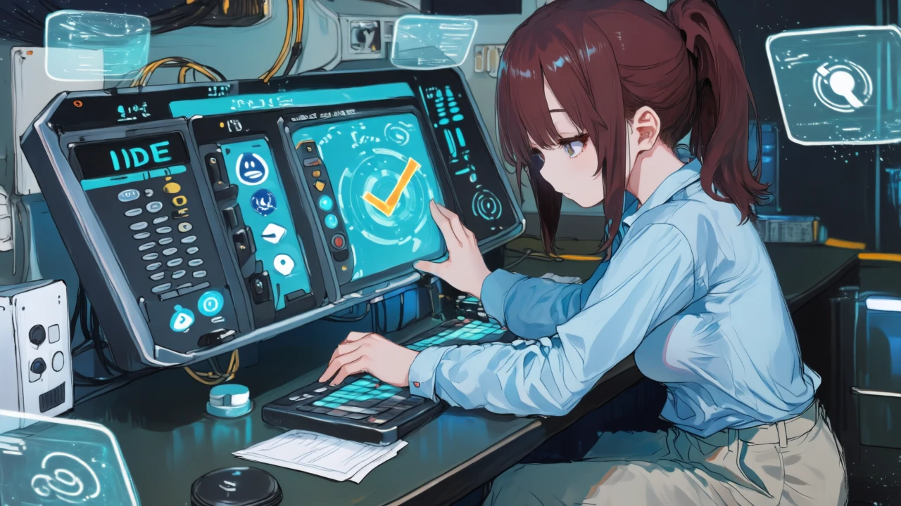 判断基準ボードのトグルを操作し、IDE乗り換え可否や予算統制の条件を切り替えて最適ルートを選ぶサイバー系アニメ女性。