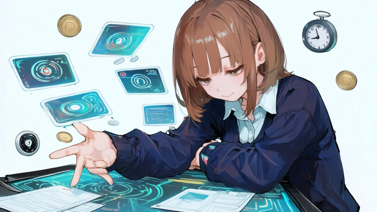 プラン候補の抽象カードを並べ、年次/月次トグルや判子で最適案を即断するサイバー系アニメ女性。