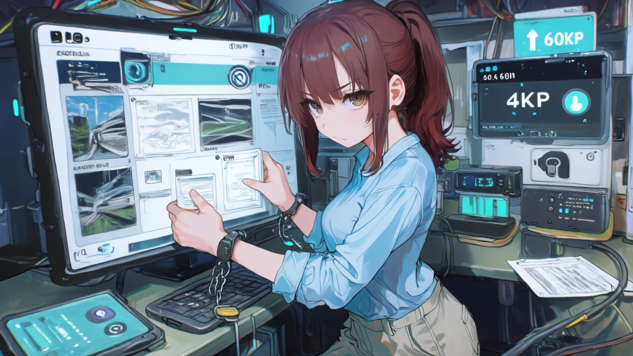スマホでテンプレを試しながら編集するアニメ女性が、書き出し時にロックや透かしのアイコン表示に気づき、4K/60fpsの切替アイコンがグレーアウトしているのを見て設定を調整している