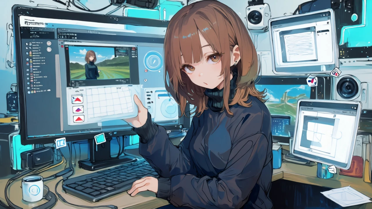 ブラウザStudioで話すアバターを配置し、翻訳とリップシンクを操作するアニメ女性