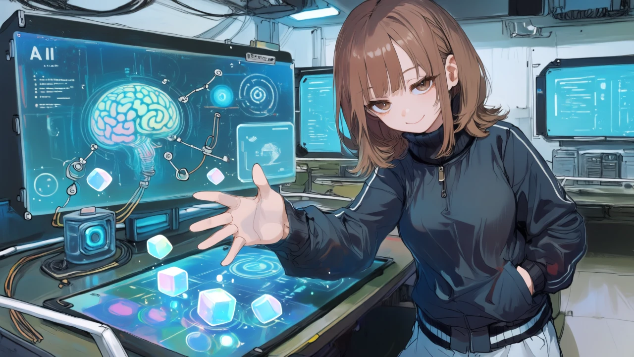 銀白髪のサイバーメカ風の少女が、ホログラムのキャンバス上でAI脳アイコンとSaaSモジュールをドラッグ&ドロップして分岐フローを組み立てている