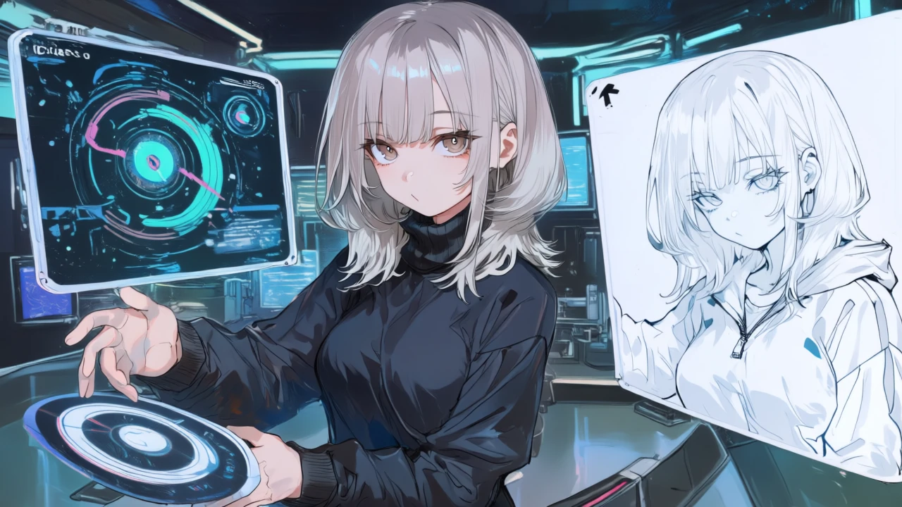 同じ写真に3つのスタイルを適用し、強度スライダーで微調整する銀白髪のサイバー女子。アニメ風・カートゥーン風・線画風を横比較。