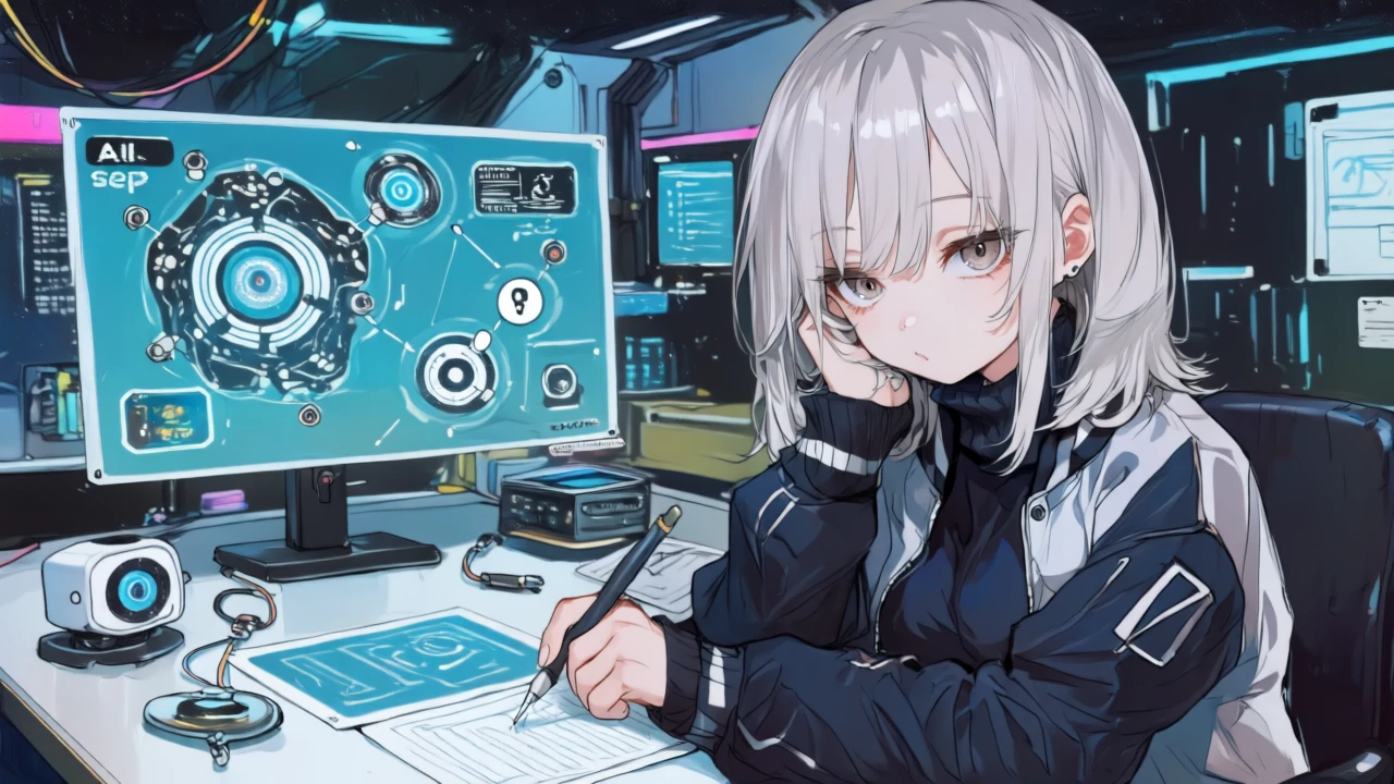 AI by Zapier・Agents・Codeの役割をホログラムの配線図で描き分け、アプリ群やTables/Formsを接続して全体像を説明する少女