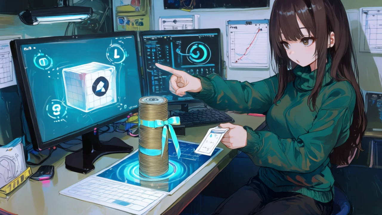 個人・年額・Proの3つのプランを比較し、最適プランを指差して決めるサイバー系アニメ女性