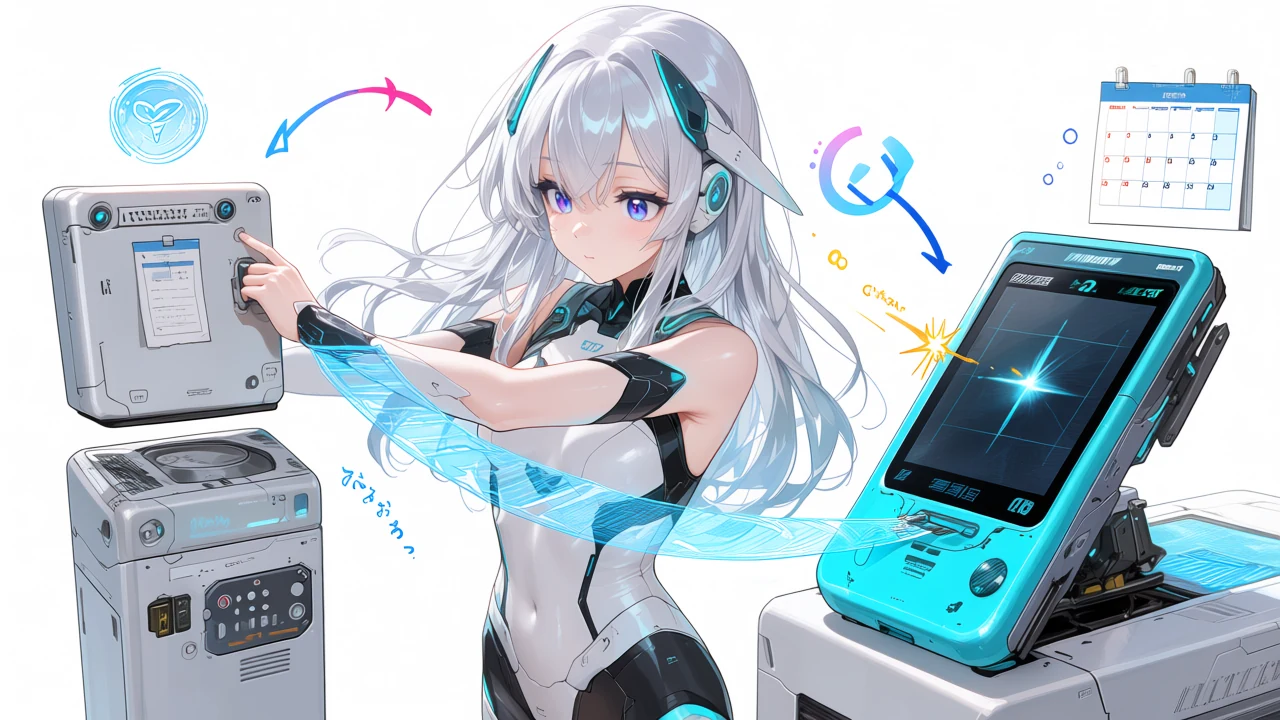 レガシーから現行版へ移行するイメージ。アニメ女性が古い装置から新しい装置へタイムラインを移し替え、認証サイクルの違いを示すカレンダーアイコンも配置されている。
