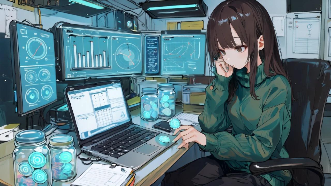 メカ少女が料金プランを示すホログラムの棒グラフとコインチップを仕分けし、最適プランを検討している