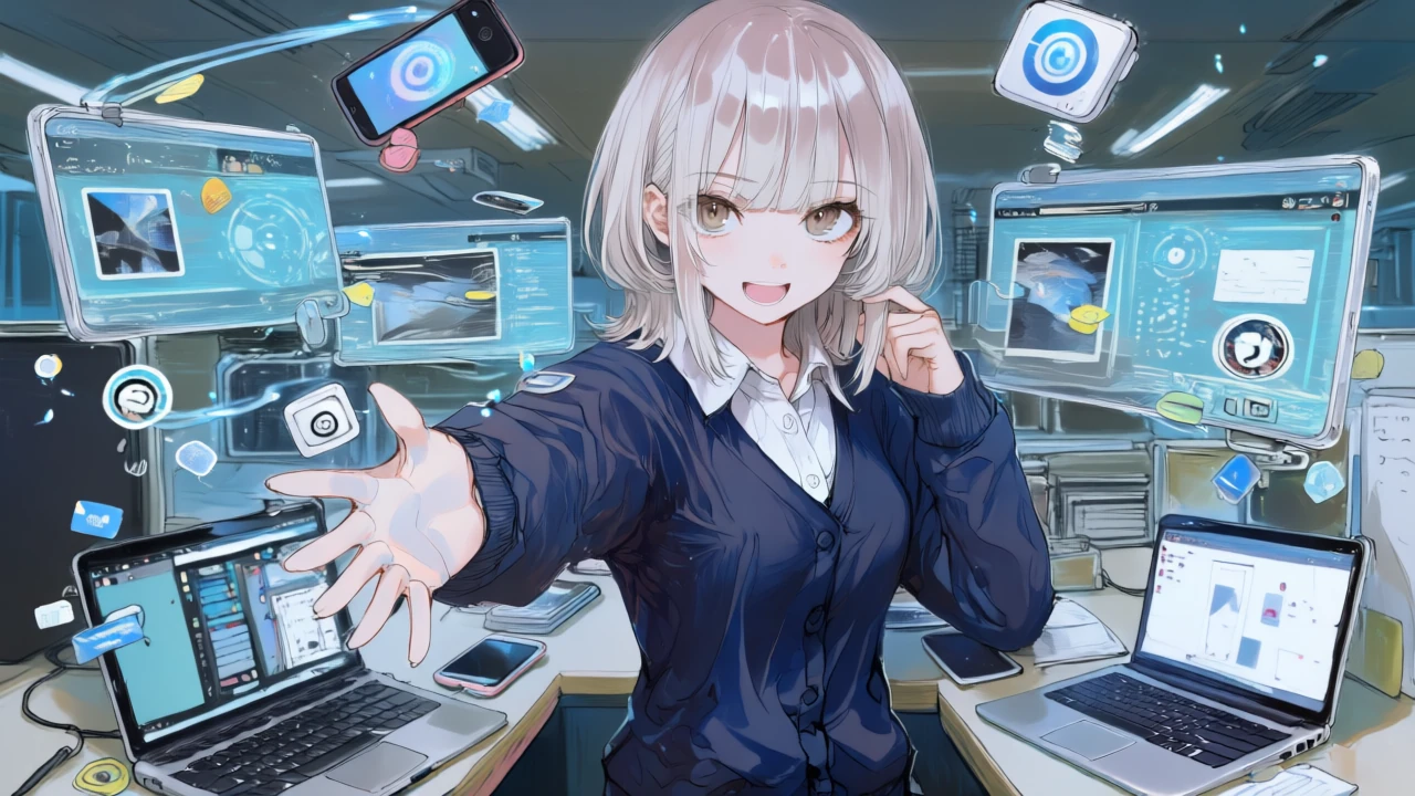 同女性がモバイル・デスクトップ・ウェブの3画面で縦型短尺動画を同時編集し、スタンプや字幕を素早く配置している。