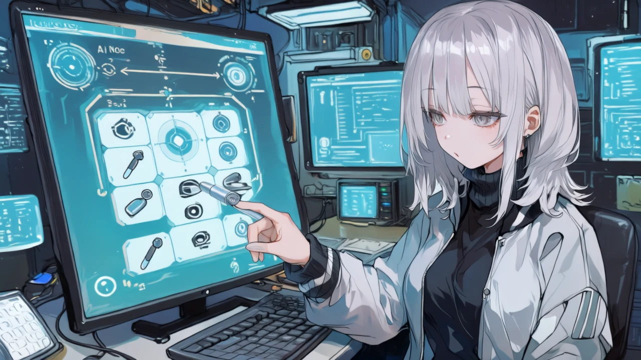 AIステップのタスク換算を電卓とホログラム式で試算し、倍率スライダーを低めに調整する少女