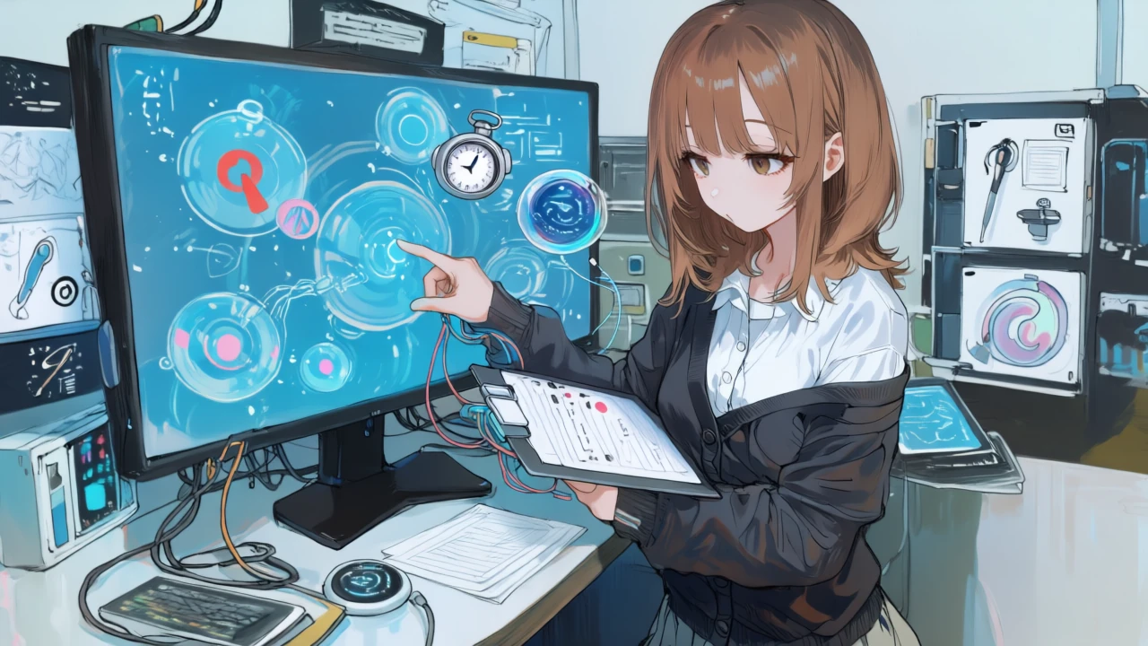銀白髪のサイバーメカ風の少女が、チェックリスト片手にシナリオ配線を行い、ストップウォッチを見ながらテスト実行とReasoningの確認をしている