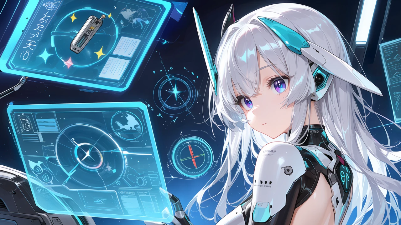 機能の俯瞰。アニメ女性が4分割プレビューでアップスケール、デノイズ、フレーム補間、手ぶれ補正を切り替え比較している。