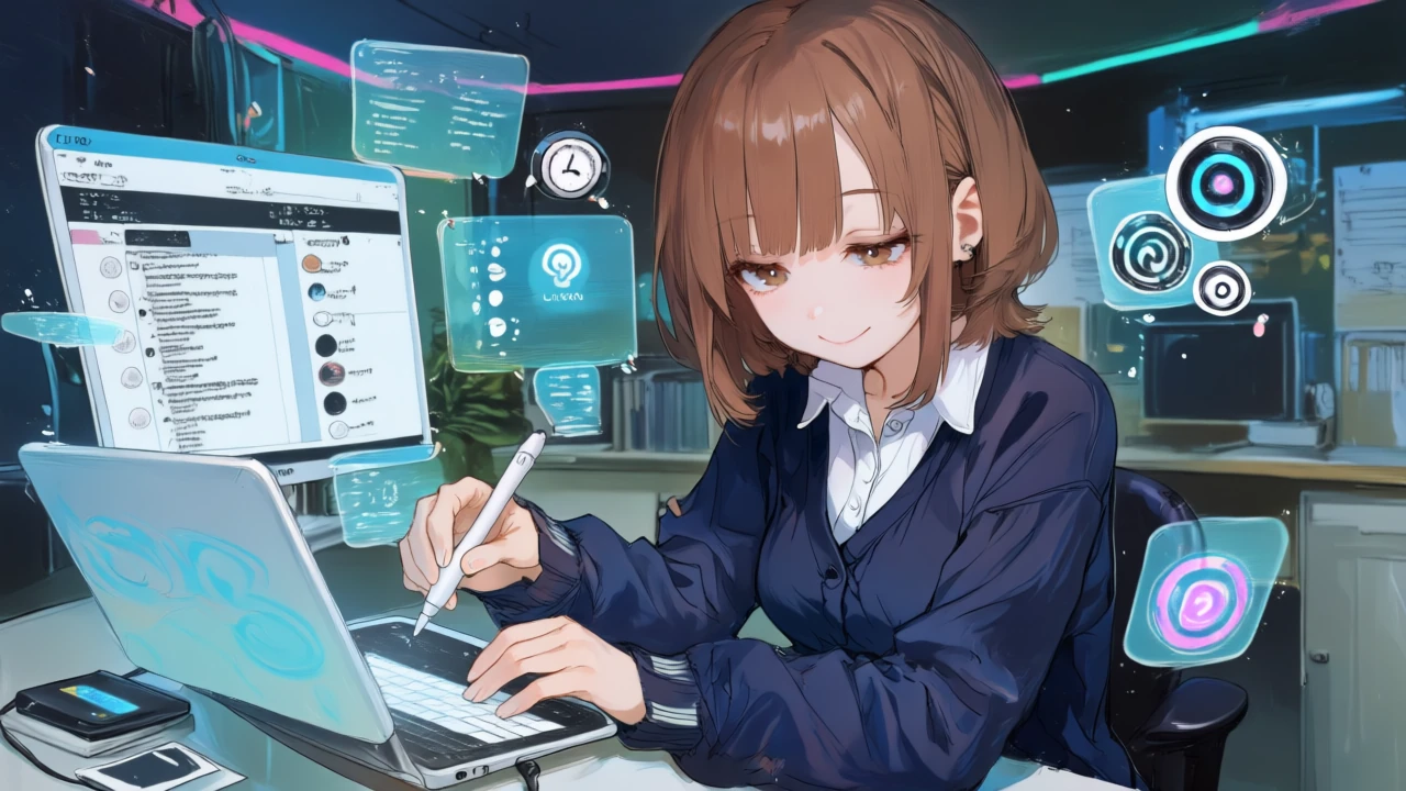 タイムラインで自動字幕を整え、翻訳とAIダビングを有効化し、ダイナミック字幕を微調整して書き出す操作をするアニメ女性。