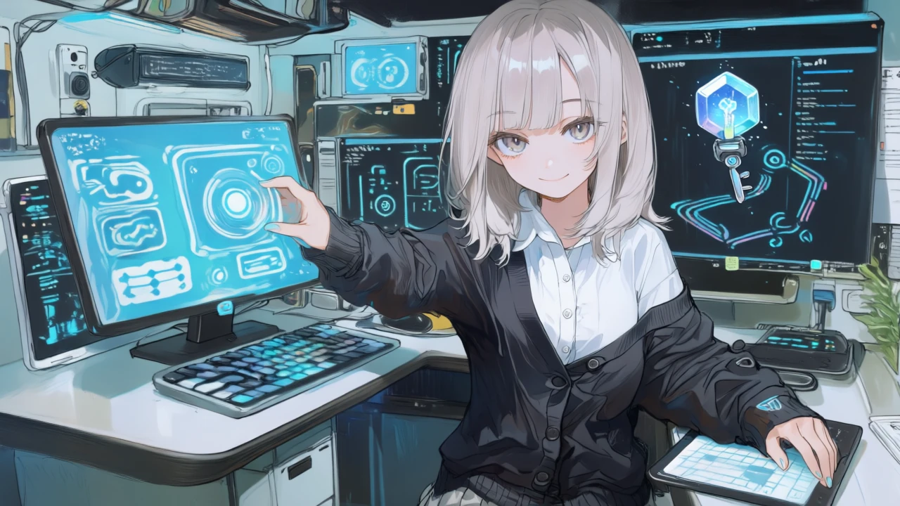 Webアプリの設定画面とAPIのコード端末を両手で操作し、プロンプト→生成→ダウンロードのフローを配線する女性。