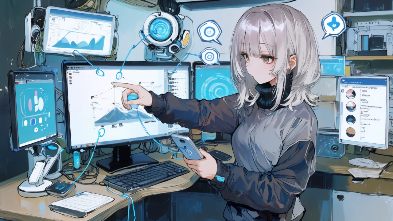 スマホからPCとブラウザへタイムラインを受け渡し、クラウド同期とコメントアイコンを使ってフィードバックを反映するアニメ女性