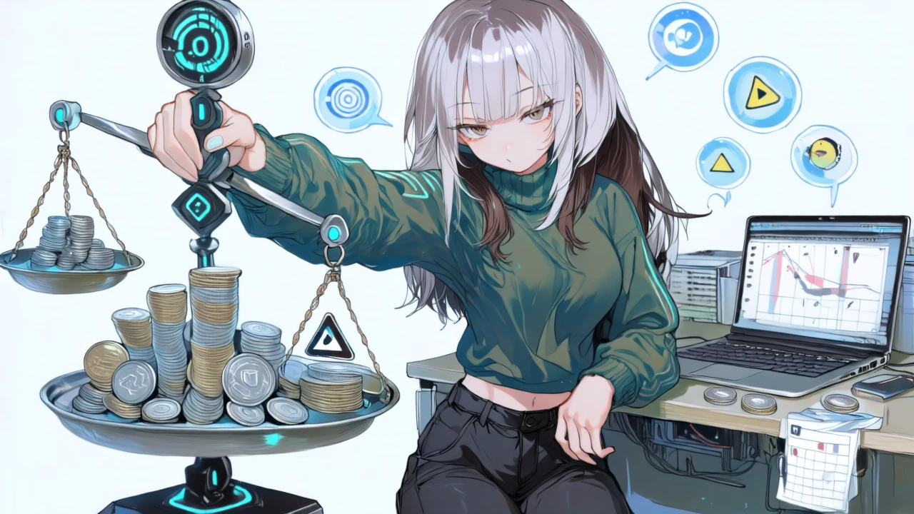 無料枠と制限を天秤で比較し、コインとメーターのバランスを取るメカ少女