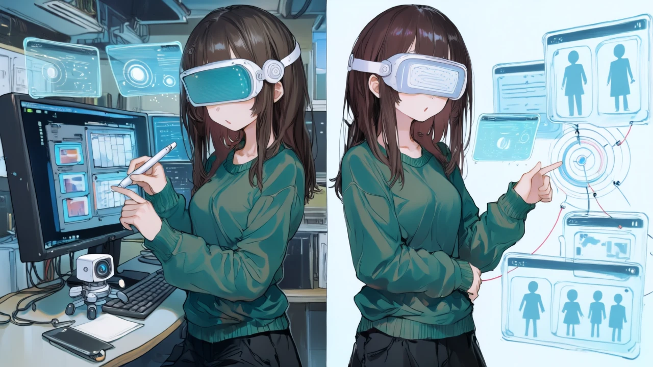 AIネイティブIDE体験と多IDE対応アシスタント体験をARパネルに描き分け、違いをライトペンで指し示すサイバー系アニメ女性。