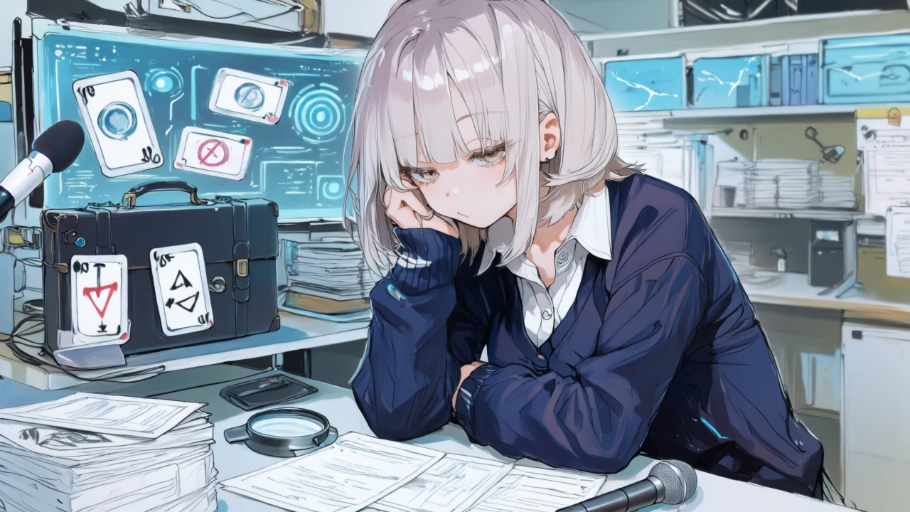 虫眼鏡で素材カードのラベルを点検し、承認スタンプと却下マークを押すコンプライアンス作業を行う女性。