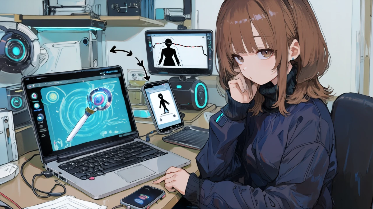 PCとスマホを並べ、写真にエフェクト適用→背景除去→ダウンロードまでの手順を同時に進めるサイバー系アニメ女性。