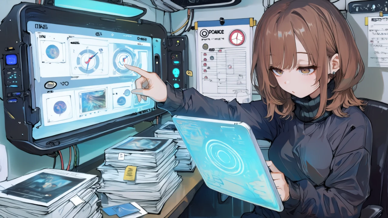 生成物の束にホログラムの盾を展開し、インシデント手順書を指差してチームに指示する