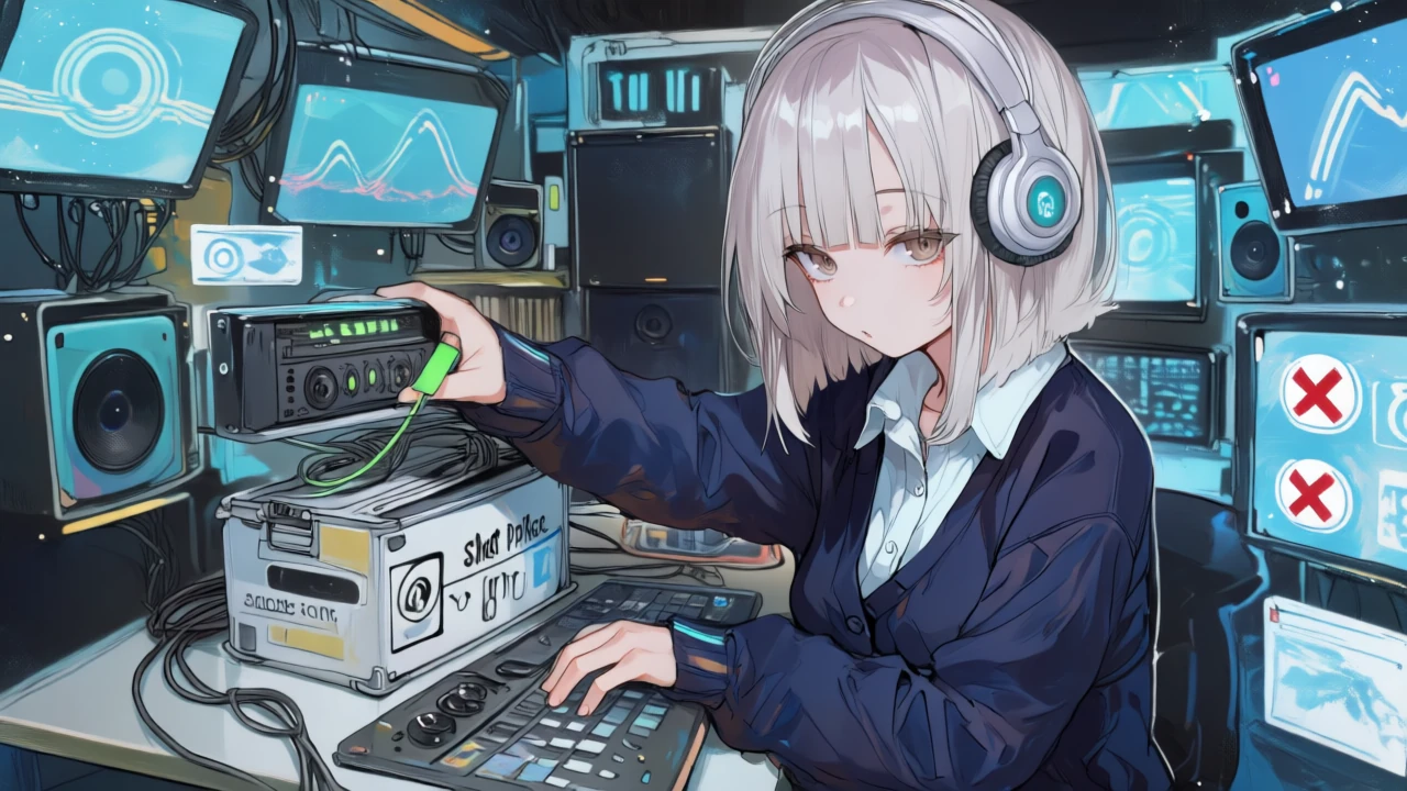 ヘッドホン姿でオーディオミキサーを操作し、特定プラットフォームへの音源ルーティングにチェックとバツを付けている。