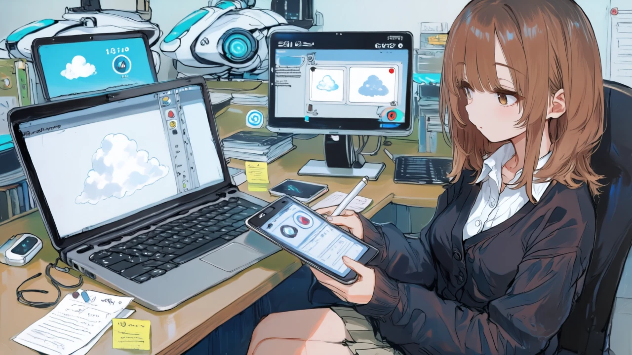 StandardとProを比較するために購入画面を複数デバイスで見比べ、クラウド容量の大小アイコンを確認しながら電卓で費用を試算するアニメ女性
