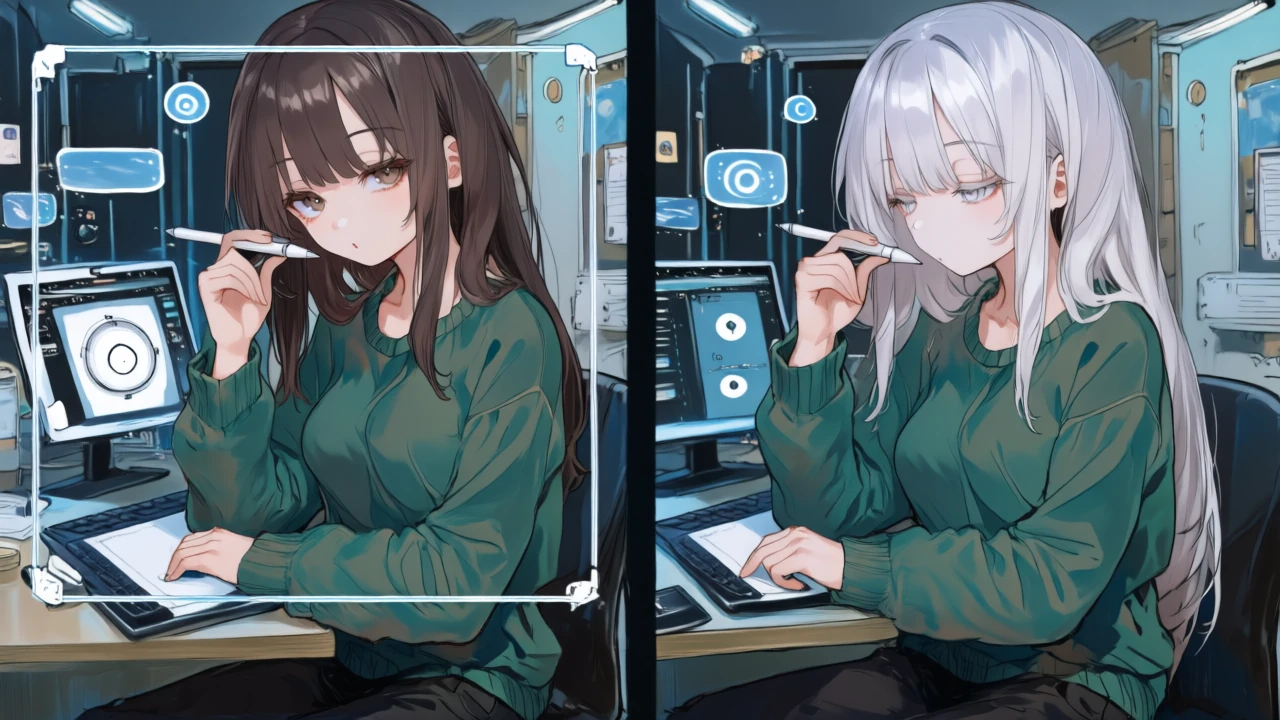 元写真をトリミングと色補正で整え、変換後に彩度・コントラストを微調整する作業を分割画面で行うサイバー女子。