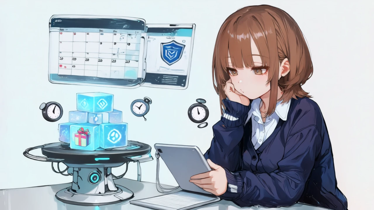 銀白髪のサイバーメカ風の少女が、無料と有料のプランを象徴するクレジット立方体の山を見比べ、カレンダーを指差して月間の枠を検討している