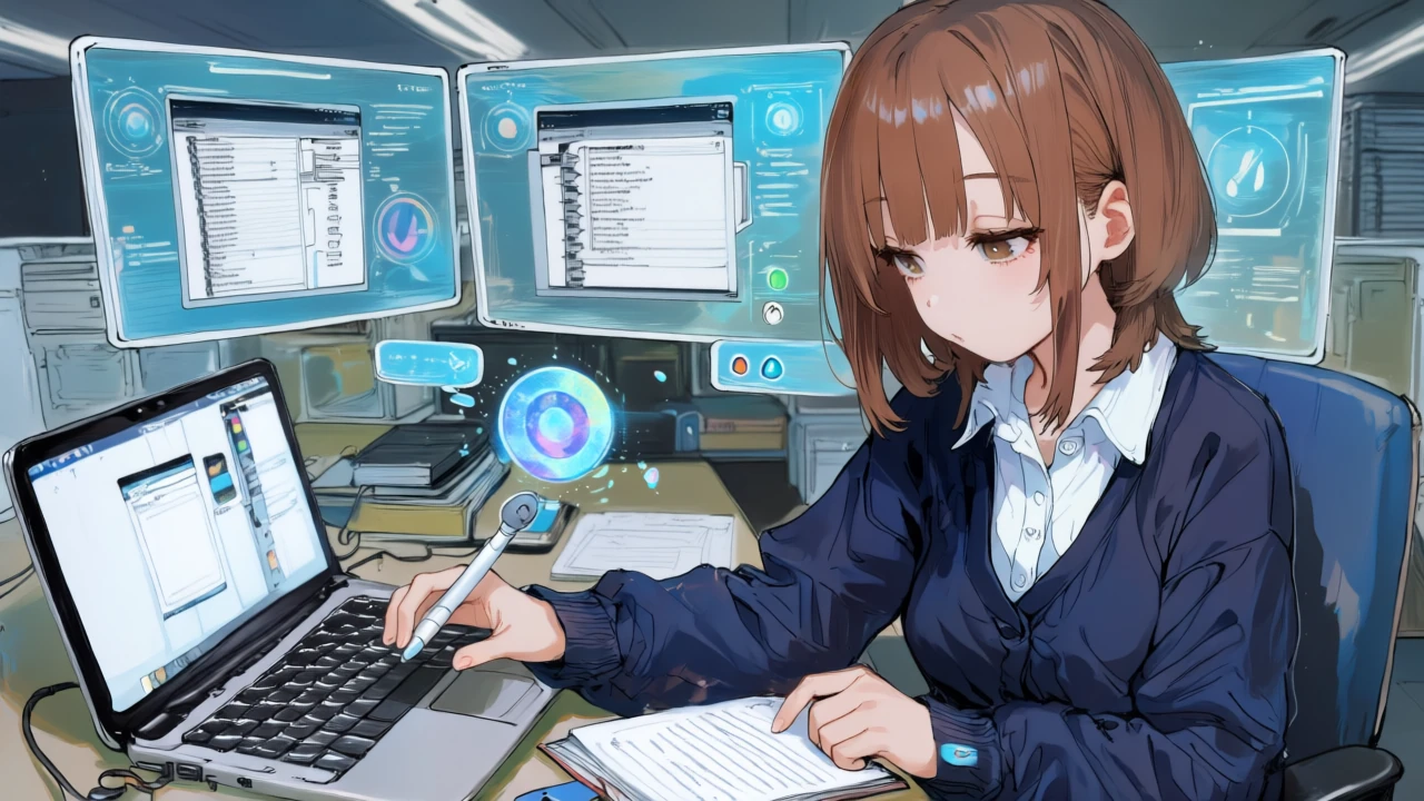 メカ少女が文書アプリに拡張機能のピースをドラッグしてインストールし、セットアップを素早く完了させている