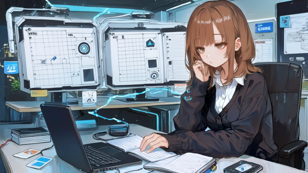 広告用に16:9・1:1・9:16のストーリーボードを並べ、A/B差分の要素を入れ替えるアニメ女性