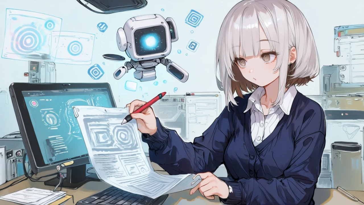 ロボ風AIモジュールの出力を見ながら規約スクロールを確認し、自動字幕を赤ペンで人手修正する女性。