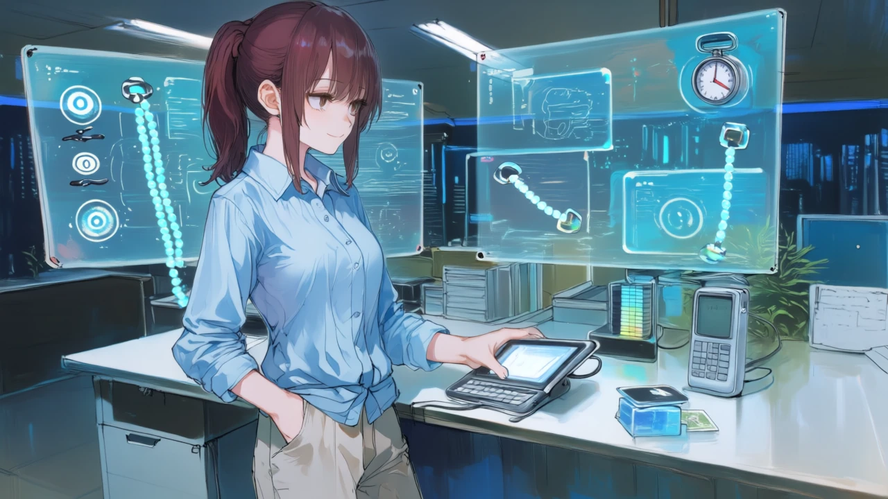 銀白髪のサイバーメカ風の少女が、透明ボードに固定/動的のアイコンやトークン入出力、コード秒数を描き、電卓でクレジット見積もりを計算している