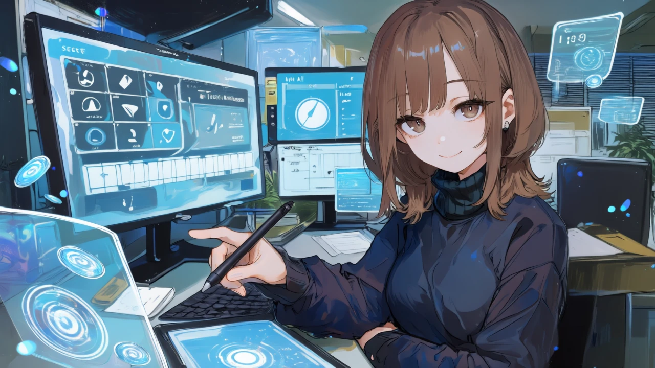 席課金やAIクレジット残量ゲージ、年次/月次の価格トグルなどの抽象ダッシュボードをスタイラスで確認するアニメ女性。