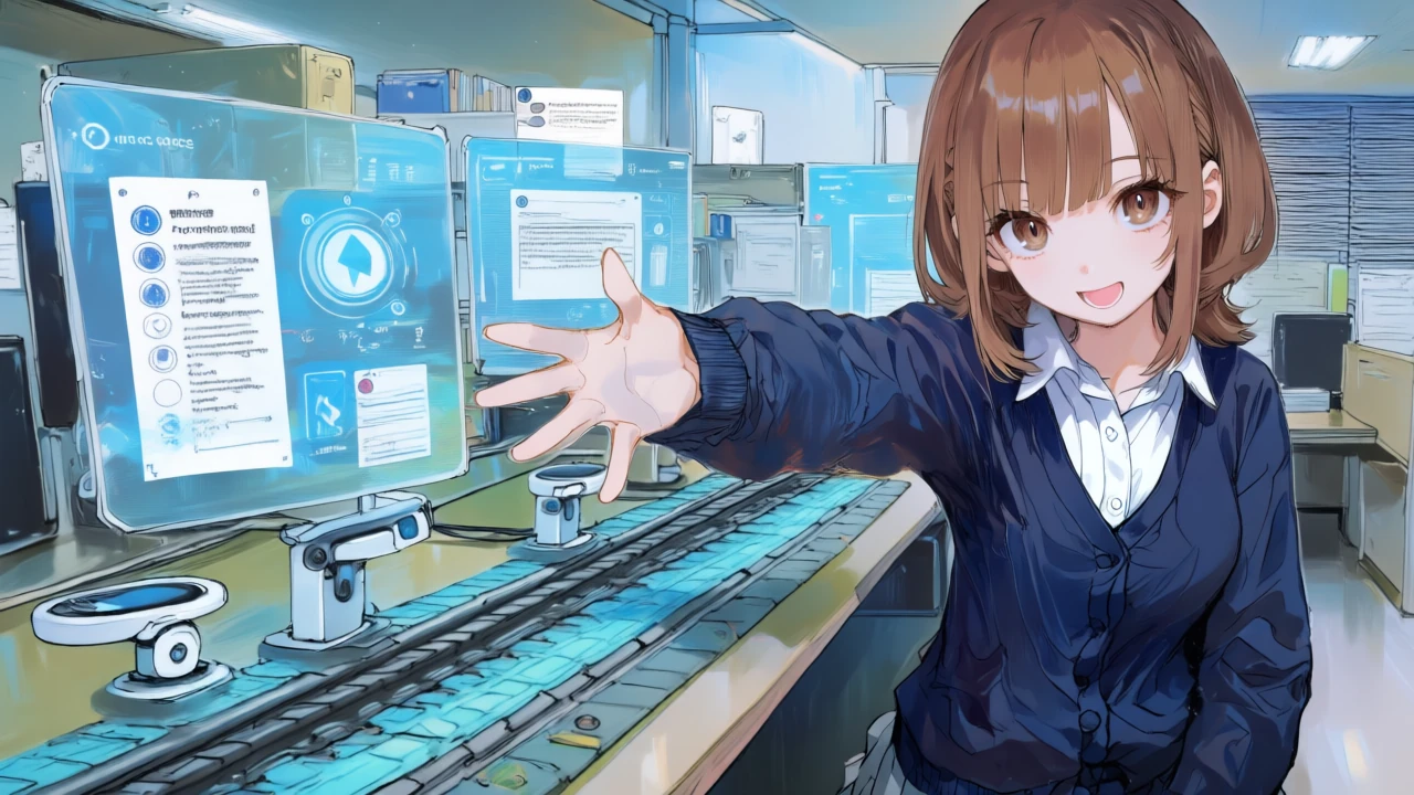 メカ少女が学術要約・英文メール整文・翻訳補助の3画面をフロー図でつなぎ、作業をオーケストレーションしている