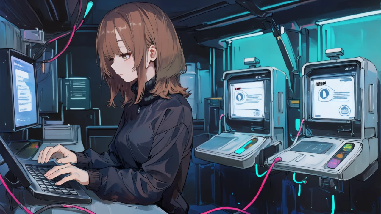 銀白髪のサイバーメカ風の少女が、左の単一請求ライン（MakeのAI Provider）と右の複数請求ライン（カスタム接続）を切替スイッチで選択している
