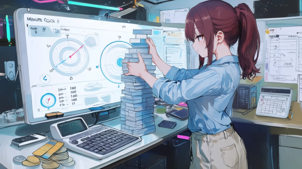 月本数×尺×言語の計算をホワイトボードと計算機で行い、ダビングとTTSの時間を積み上げ試算するアニメ女性。
