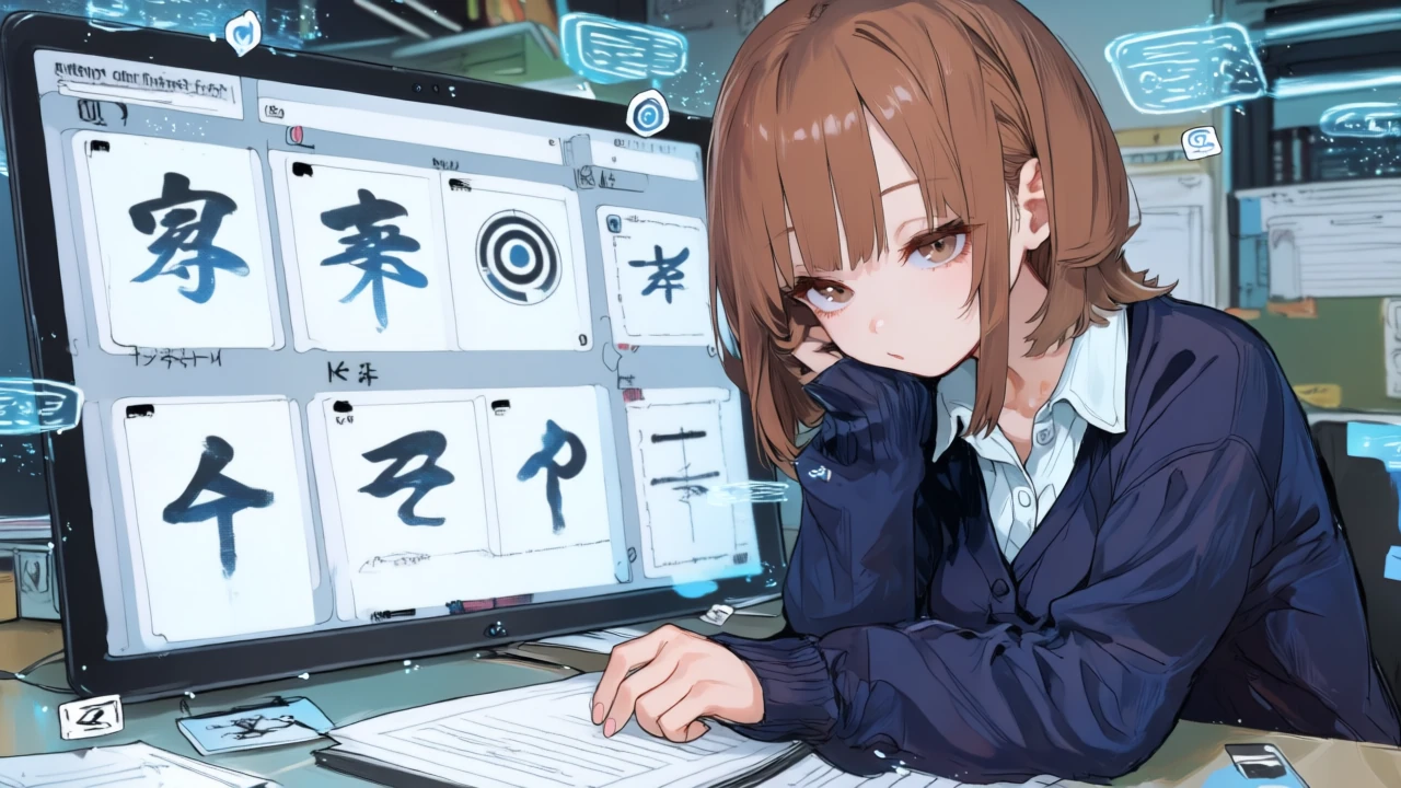 日本語と英語の二言語カードで目的・制約・出力形式を構造化し、プロンプトのテンプレートを作るサイバー系アニメ女性。