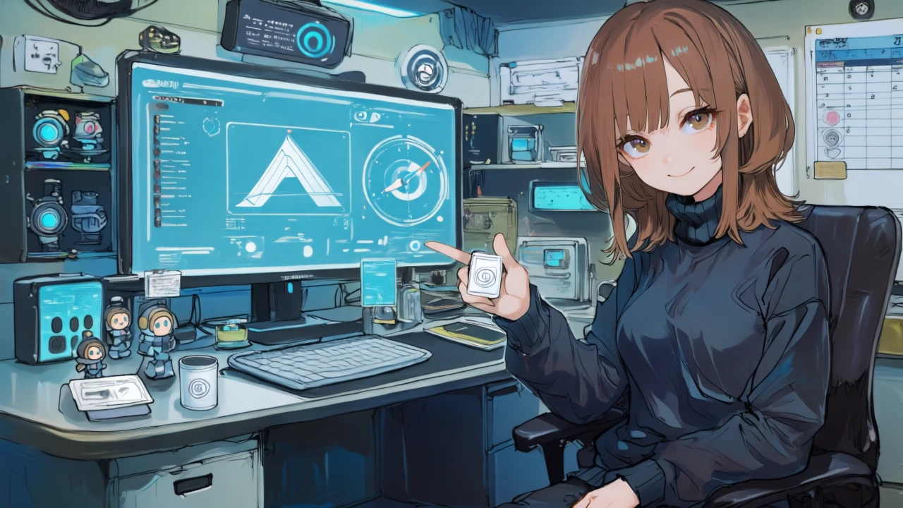メカ少女がチビ風のメカ仲間と席数トークンをホログラムのカレンダーに配置し、パイロット導入計画を指し示している