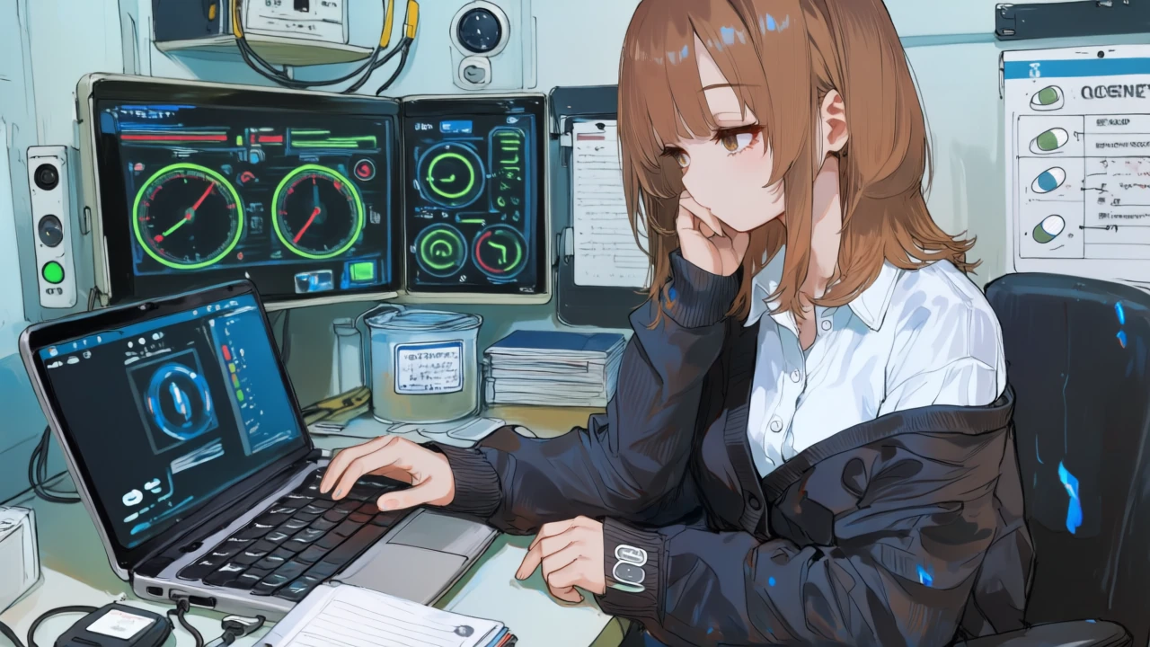 銀白髪のサイバーメカ風の少女が、75/90/100%の警告ランプつきダッシュボードを監視し、不要なフローを一時停止に切り替えつつWebhookキューを整理している