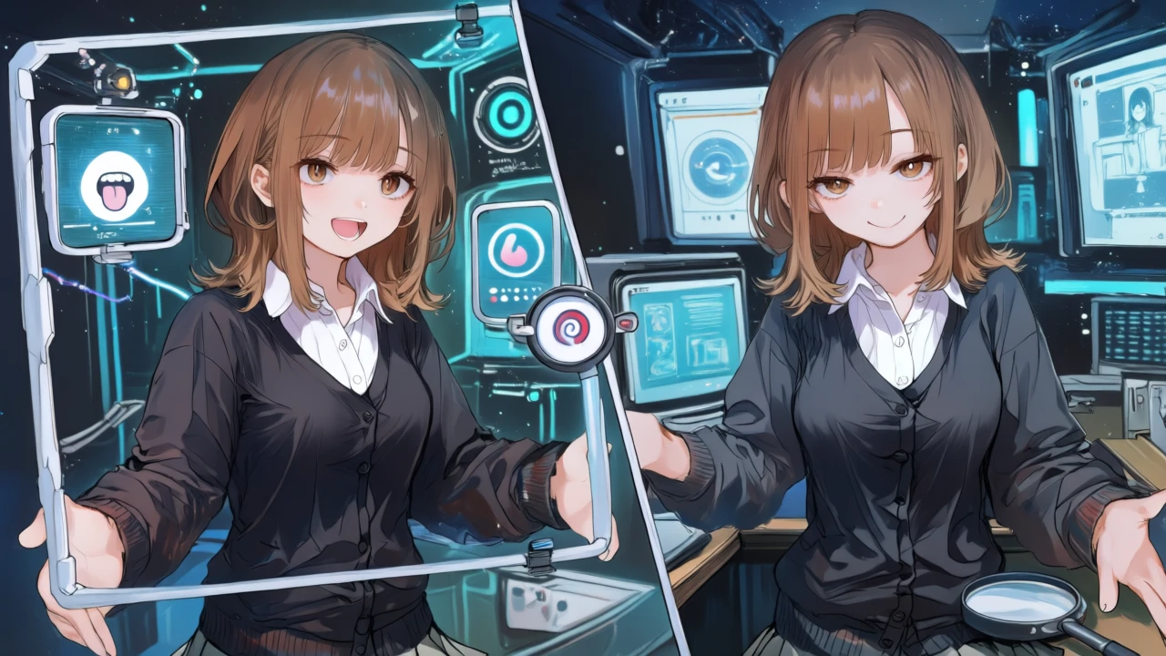 左に口形同期の話者映像、右にスライドのナレーションを示す画面を見比べ、ダビングとTTSの使い分けスイッチを操作するアニメ女性。