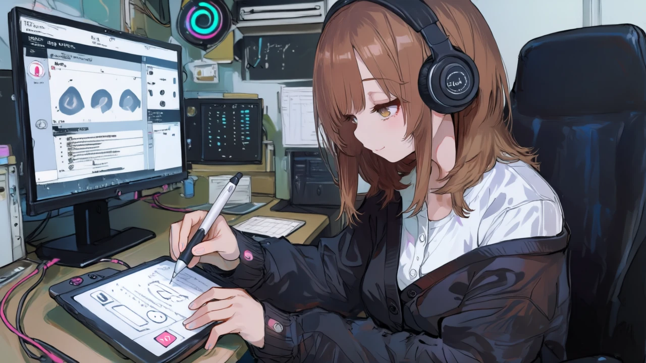 日本語スクリプトに句読点や読みを加筆し、口形と字幕の同期をヘッドホンでチェックするアニメ女性