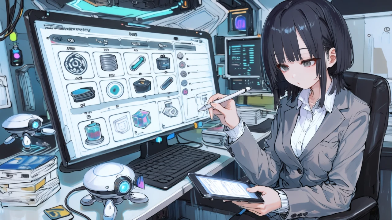 セキュリティ・見積・PoC・通知などの項目に順にチェックを入れ、チーム導入チェックリストを進行するサイバー系アニメ女性。