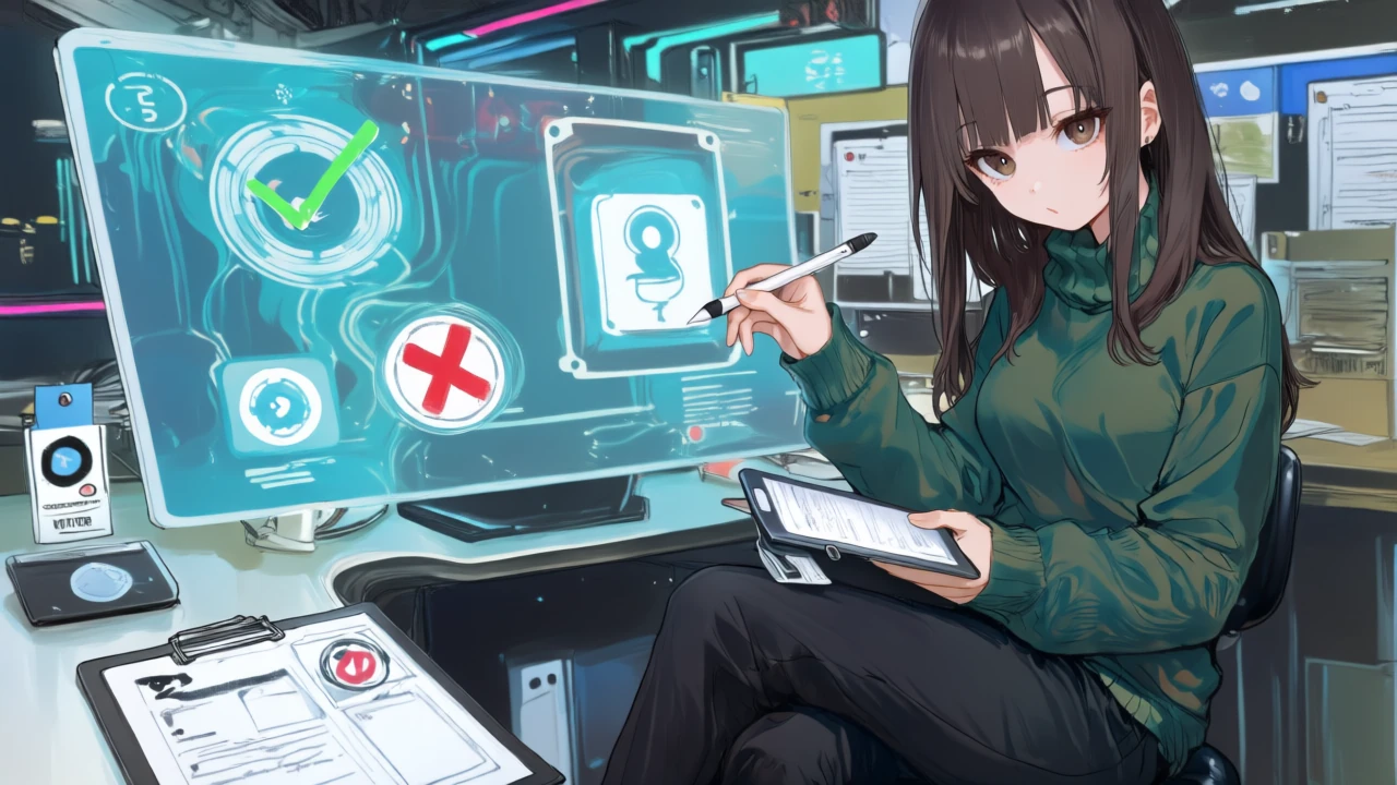 利用許諾のボードを見ながら、完成デザインへの統合はOK、素材単体配布はNGのアイコンにチェックとバツを付けるサイバー女子。