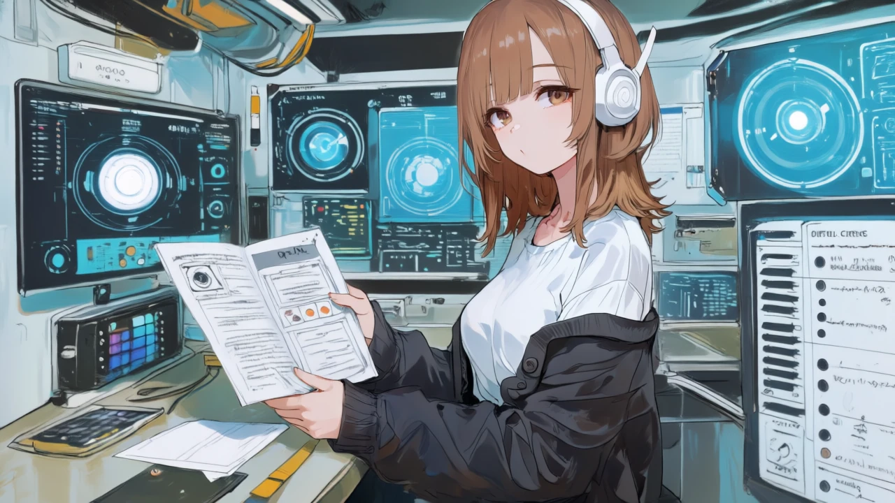 銀白髪のサイバーメカ風の少女が、軽量モデルで下書き→高性能モデルで仕上げる二段構成を操作し、分割したFAQカードをタグ付けし出力制約のスライダーを調整している