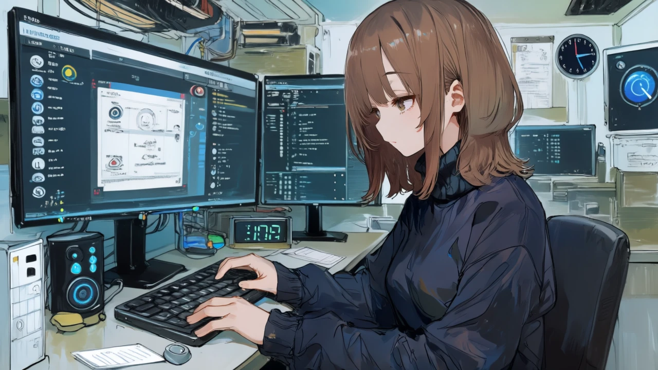 字幕APIの自動処理パイプラインをコードとキューのモニターで管理し、処理時間ベースの課金ゲージを監視するアニメ女性。