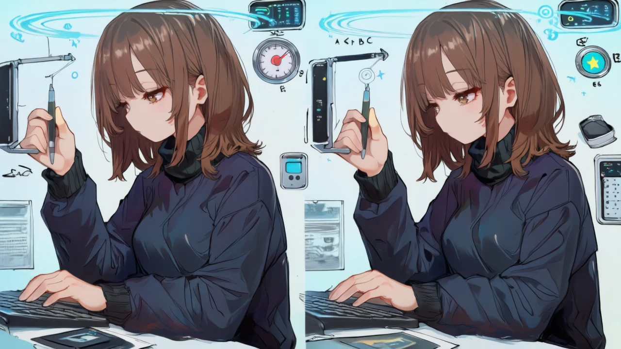 ページ複製で案を並べ、トリミングと強度スライダーで品質と速度を最適化するサイバー系アニメ女性。