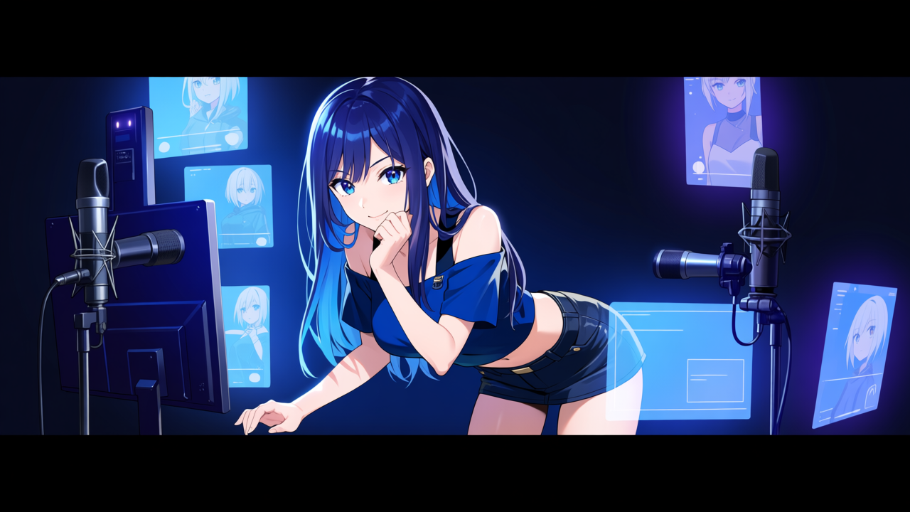 AIで映像を高画質化する核心を伝えるヒーロー画像。銀白髪のサイバー系アニメ女性が分割画面でノイズ低減とアップスケール後の映像を比較しながら調整している。