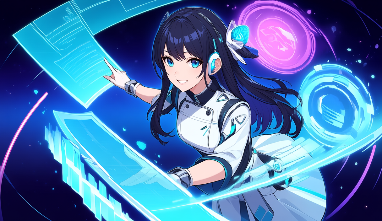 InVideo AIと代替サービスを比較する成人女性AIガイドのアニメイラスト